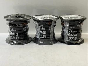Lot Of (3) Cerrowire 100 ft. 14 Gauge Black Solid CU THHN Wire - Picture 1 of 4