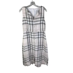 MNG Mango Womens Linen Fit & Flare Midi Dress Sz 8 Plaid Gray Cream Pockets - Picture 1 of 4