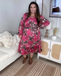 Vestido midi Lane Bryant satinado con volantes en capas talla 2X rosa inspirado en Farm Rio - Imagen 1 de 7