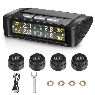 Auto Solar /USB LCD Wireless TPMS Reifendruckkontrollsystem&4 externe Sensoren - Bild 1 von 4