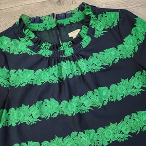 J CREW Women’s 6 Meghan Markle Ruffle Beanstalk Stripe High Neck Top Navy Green - Picture 1 of 5
