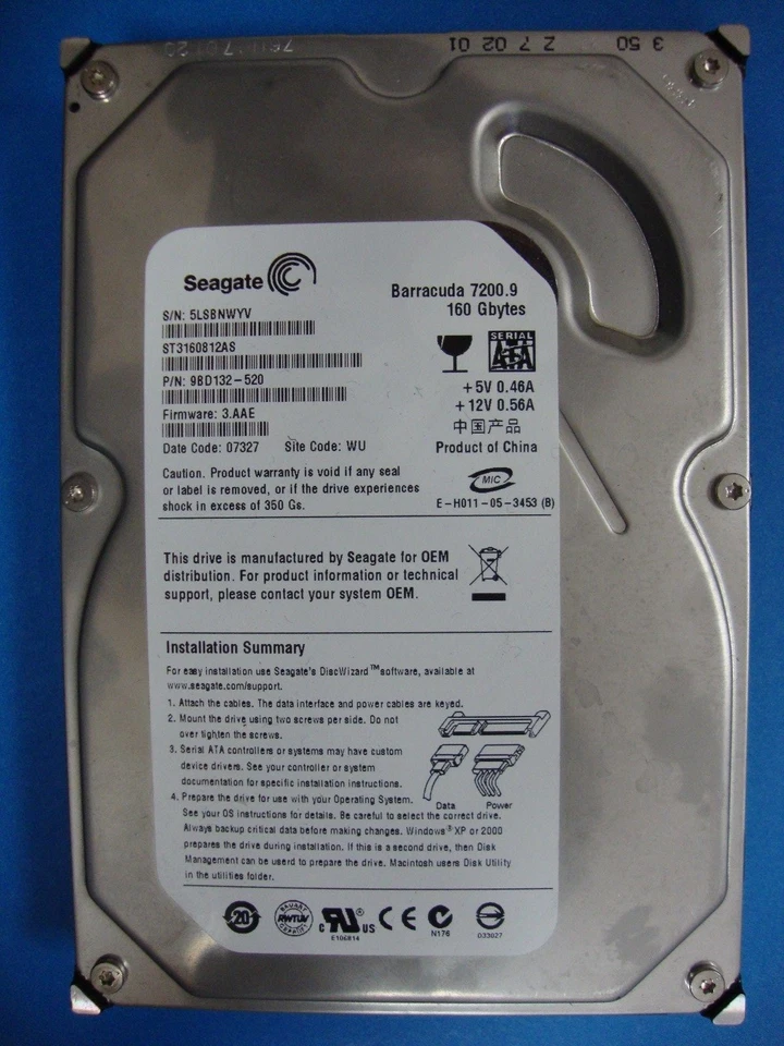 Seagate 160GB SATA Hard Drive ST3160812AS, 5LS, WU, PN 9BD132-520, FW 3.AAE      - Image 1 of 3