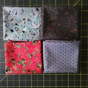 4 Fat Qtrs,Red,grey,black.Silver Paisley,Red/gold Christmas,black dots on grey + - Picture 1 of 1