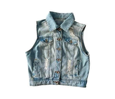 Chaleco Jean Vaquero De Colección Años 90 Y2K Para Mujer S Grunge Envejecido Punk Azul Claro Lavado Foto 1 de 4