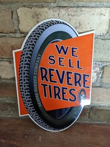 VINTAGE REVERE TIRE SERVICE PORCELAIN METAL GAS STATION SIGN TIRES AUTO 12" X 8" - Picture 1 of 4