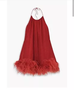 OSÉREE Lumière Mini Vestido Cuello Halter Tejido Elástico Metálico Recortado con Plumas - Imagen 1 de 7