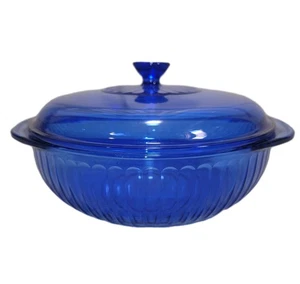 Vintage Pyrex #024-S Cobalt Blue Ribbed Glass 2 Qt Casserole Dish Handle W/ Lid - Picture 1 of 9