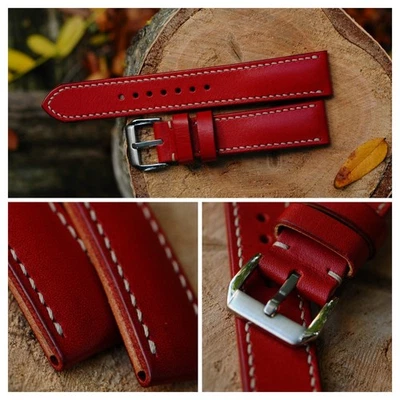 Pulseira de relógio de couro cônico vermelha verdadeira feita à mão 20/18 mm *Pronta para uso *Pago para os EUA - Imagem 1 de 4