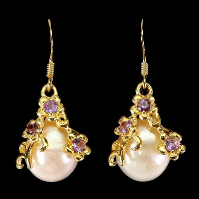 Orecchini In Argento Sterling 925 Con Pietra Naturale Di Ametista E Perla - Immagine 1 di 4
