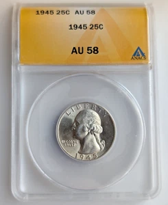 1945 25c United States Washington 90% Silver Quarter AU 58 ANACS - Picture 1 of 4