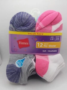 NEW Hanes Girls No Show Soft Breathable 12-Pack Size Large 4-10 MultiColor Socks - Picture 1 of 4