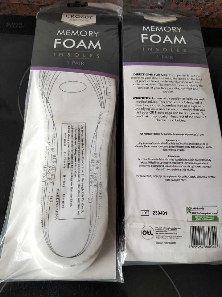 2 Pair Memory Foam Insoles Unisex Insert Cushion Comfort Pad Relief Size 3 - 11