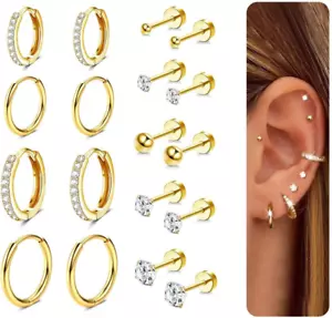 9 Pairs Earrings Sets for Multiple Piercing Hypoallergenic 14K Gold Plated Small - Picture 1 of 7