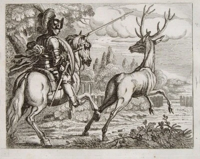 Francis Barlow Aesop Fabel Hirsch Springbock Pferd Reiter Ritter Lanze Rüstung  - Bild 1 von 2
