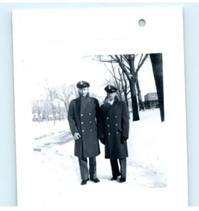 Vintage Photo 1955, 2 Navy Officers In Uniform in Snow, St. Paul MN, 2x2, B&W - Picture 1 of 2