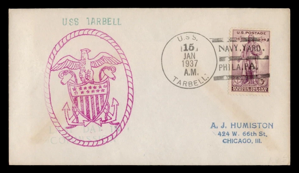 NAVY  U.S.S. TARBELL FIRST DAY IN COMMISSION JAN 15,1937 NAVAL COVER - Image 1 of 1