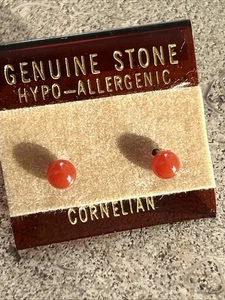 NIB Elegant Genuine Carnelian Round Stud Earrings Hypoallergenic - Picture 1 of 4