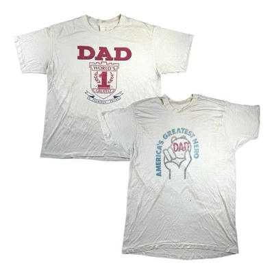 Лот из 2 винтажных футболок 80-х Worlds Greatest No1 папа одинарный шов РАЗБИТЫЕ - Изображение 1 из 4