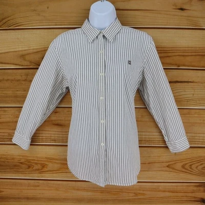 Chaps Button Up Shirt Collar Womens L White Dark Brown Stripes Cotton 3/4 Sleeve - Image 1 of 4