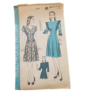 Vintage 40s Sewing Pattern ORIGINAL:  One-Piece Dress Hollywood 1516 Bust 34 - Picture 1 of 5
