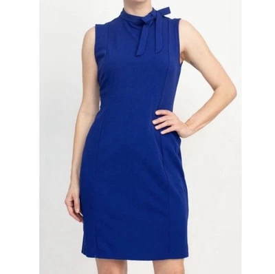 Calvin Klein Sheath Dress Size 12 Cobalt Blue Neck Bow Sleeveless Office Party - Image 1 of 4
