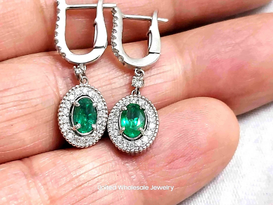 1.92ct Genuine Mined Emerald & Diamond Dangle/Hoop Earrings In 14K White Gold - Image 1 of 4