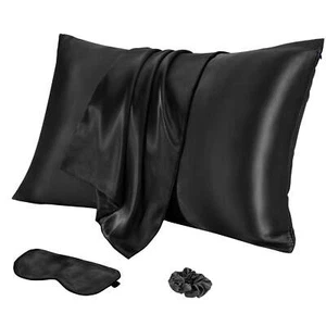 Durable Soft Zippered Closure Set of 2 Satin Pillowcase Black Standard(20"x26") - Picture 1 of 8