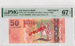 FIJI RESERVE BANK 50 DOLLARS 2013 P118s SPECIMEN PMG 67 EPQ - Picture 1 of 2