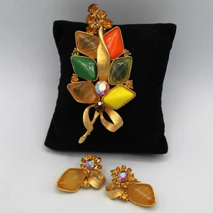 Vtg Juliana Brushed Gold Tone Brooch Pin & Earring Set Green Orange Yellow Stone - Picture 1 of 10