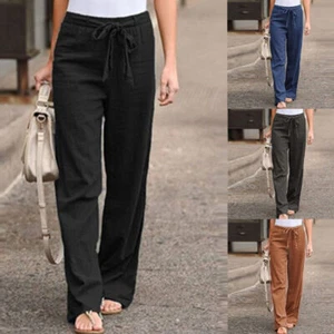 Womens Cotton Linen Trousers Straight Leg Summer Casual Loose Pants Long Pants - Picture 1 of 30
