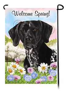 Welcome Spring Garden Flag - Black Roan German Shorthair Pointer - Picture 1 of 1
