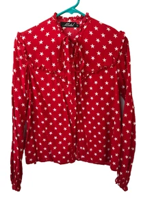Vintage Rayon Western Style rote Bluse weiß Sterne langarm Rüschen XS DARLIN - Bild 1 von 6