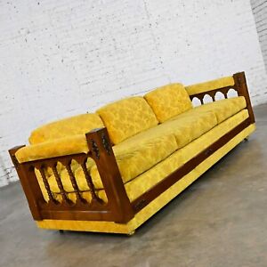 Vintage Spanish Revival Gold Textured Fabric Sofa with Turned Spindle Sides 