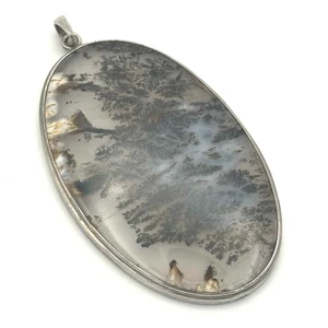 Vtg Sterling Silver Dendritic Agate Oval Pendant, Natural Landscape Stone (SPa) - Picture 1 of 7