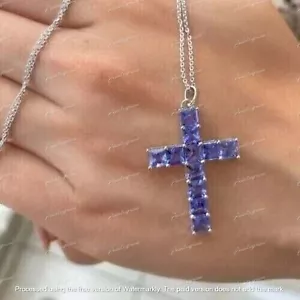 2Ct Princess Cut Blue Tanzanite Cross Pendant Necklaces 14k White Gold Finish - Picture 1 of 5