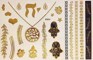 10 Bögen Flash Einmal Temporary Klebe Tattoo Gold 25teile Hand der Fatima WOW E8 - Bild 1 von 12