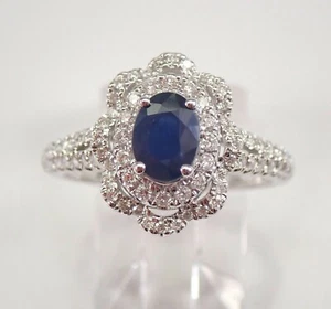 14K Weißgold Diamant und Saphir Doppel Halo Verlobungsring Größe 7 KOSTENLOSE GRÖSSE - Bild 1 von 7