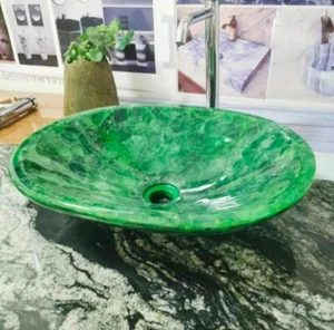 15"Green Fluorite Natural Stone Bathroom Sink |Handcrafted Healing Crystal Agate - Picture 1 of 6