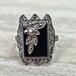 Anillo de cóctel estilo Art Deco talla 5,5 negro ónix marcasita plata de ley 925 de colección - Imagen 1 de 15