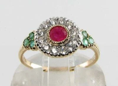  9CT 9K GOLD RUBY EMERALD and DIAMOND ART DECO INS BAND CLUSTER RING Size O - Image 1 of 4