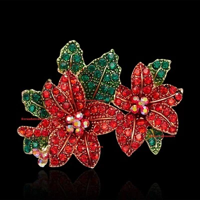 Poinsettias Christmas Crystal Rhinestone Brooch Pin / Pendant Gold Bag- VIDEO - Image 1 of 4