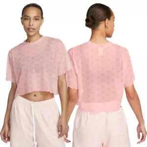 NWT Nike Printed Mesh Short Sleeve Crop Top Womens Small Pink Swoosh Logo Active - Picture 1 of 13