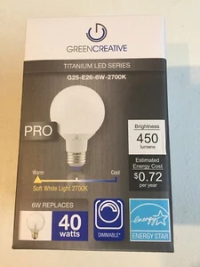 Green Creative 97729 G25 LED Globe Light Bulb 6G25DIM/827 G25-E26-6W-2700K LED - Picture 1 of 6