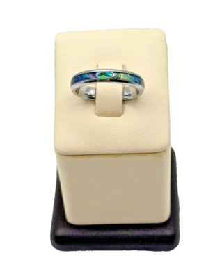 Silver Plated Ring w/ Blue Green Abalone Shell Inlay Size 8.25 - Image 1 of 4