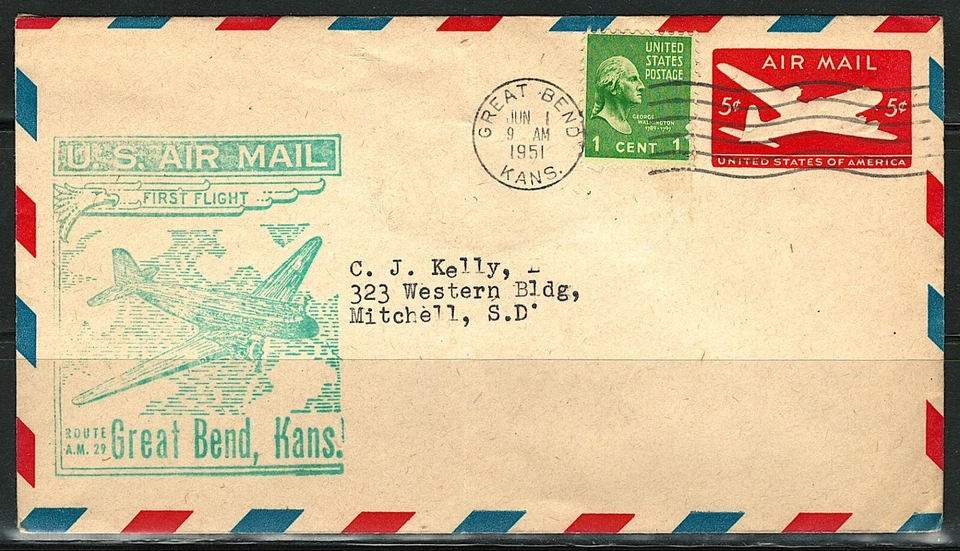 US Year of 1951 Great Bend Air Mail First Flight Cover, (used and crease ). - Image 1 of 2