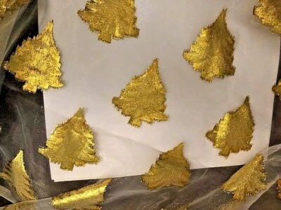 Christmas Fancy Fabric Gold Embroidered  Christmas Trees On White Organza  - Image 1 of 4