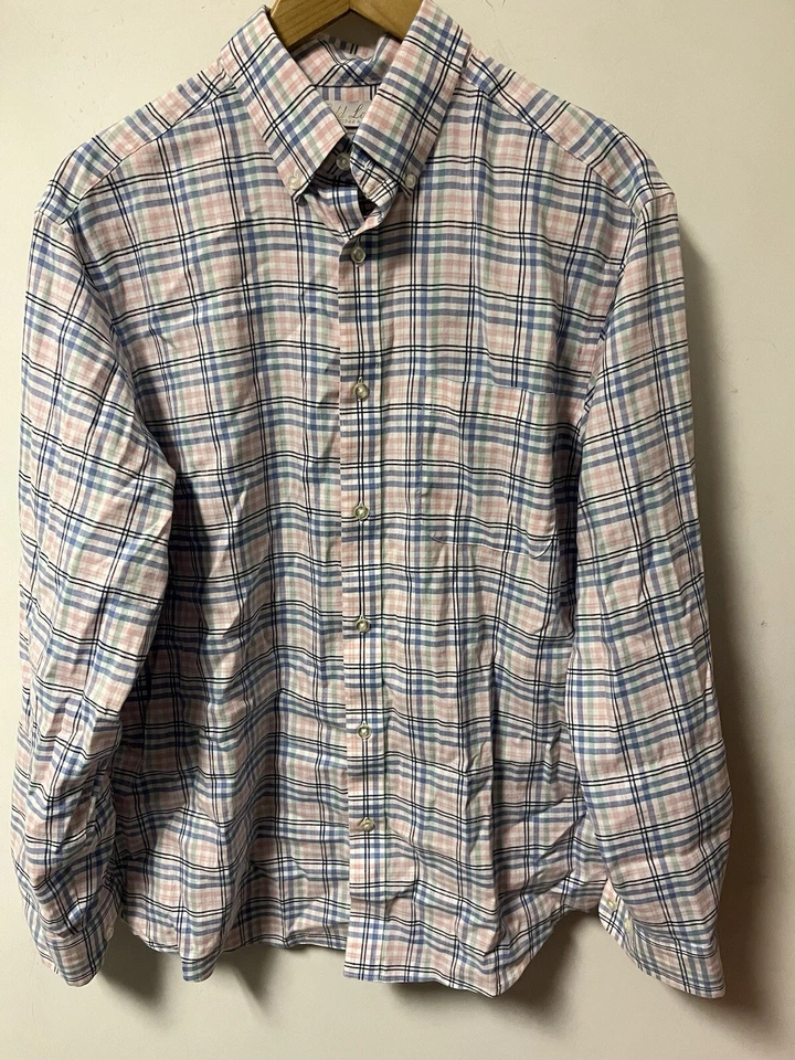 Men’s Roundtree & Yorke Gold Label Luxe Linen Non Iron Shirt Size L Plaid - Image 1 of 4