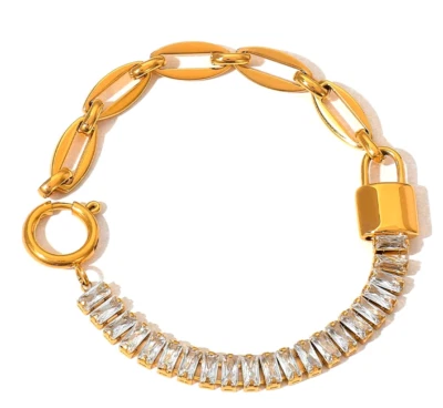Pulseira de aço inoxidável folheada a ouro 316L pedra de zircão 6,6 polegadas tamanho pequeno pulso feminino - Imagem 1 de 4