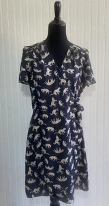 J. Crew Dress Navy Leopard Cat Side Tie Wrap Cap Sleeves Womens Size 10 - Picture 1 of 21