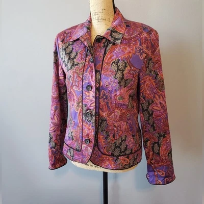 Coldwater Creek vtg floral paisley button lined collared jacket purple S - Image 1 of 4